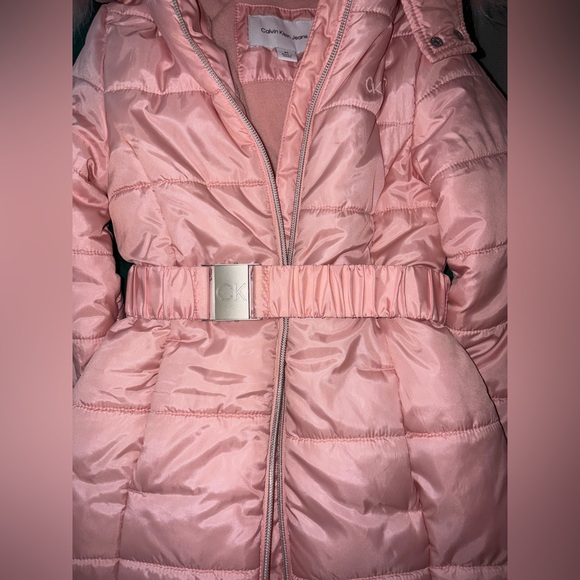 Calvin Klein faux fur hooded Blush Pink Puffer w/Belt Coat - EUC Like New - Picture 6 of 11